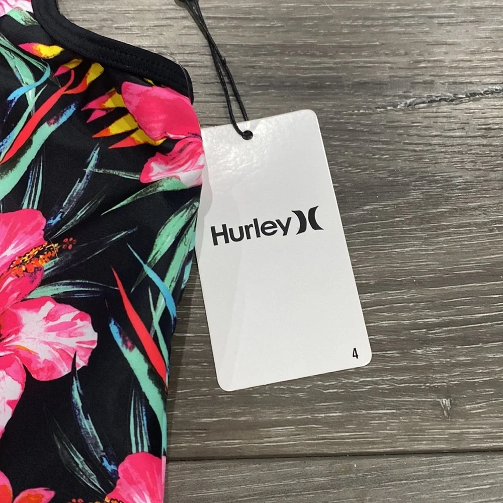 NWT! Hurley Youth Girls Size 4 Black Pink‎ One Piece Swimsuit